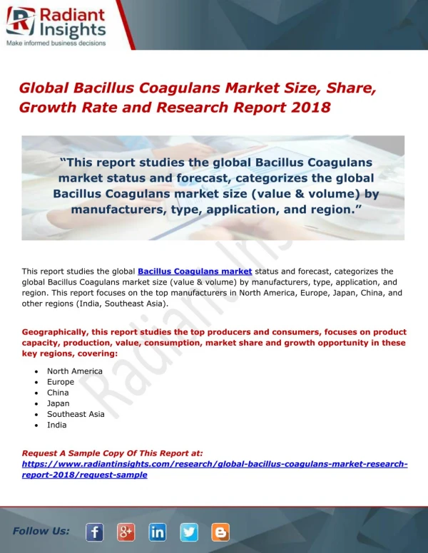 Global Bacillus Coagulans Market Size, Share, Growth Rate and Research Report 2018