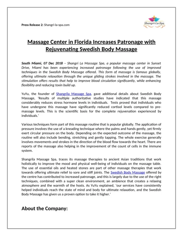 Massage Center in Florida Increases Patronage with Rejuvenating Swedish Body Massage