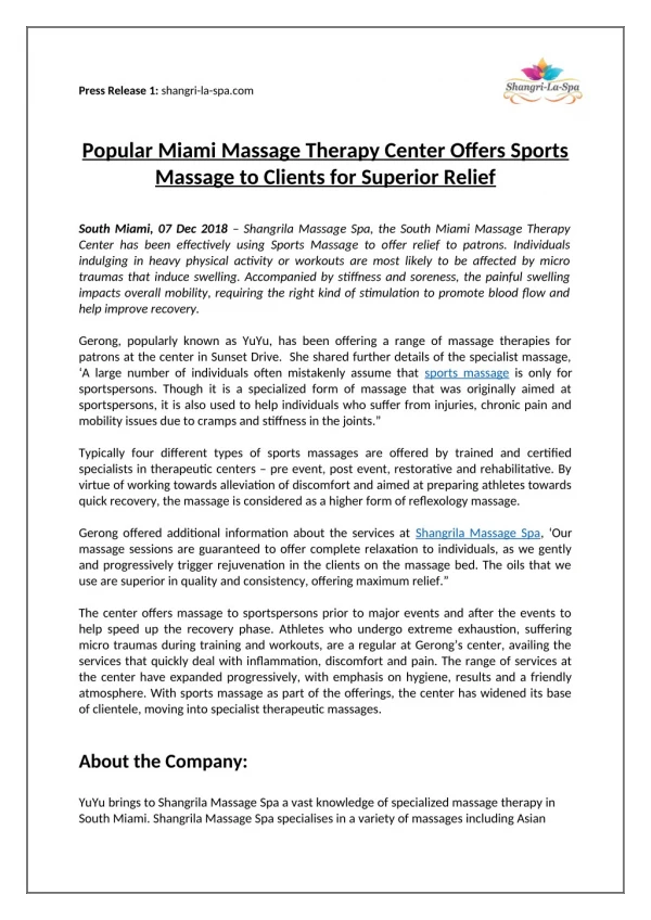Popular Miami Massage Therapy Center Offers Sports Massage to Clients for Superior Relief