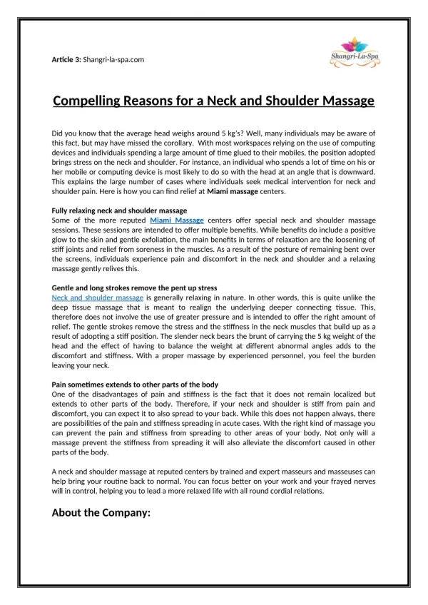 Compelling Reasons for a Neck and Shoulder Massage