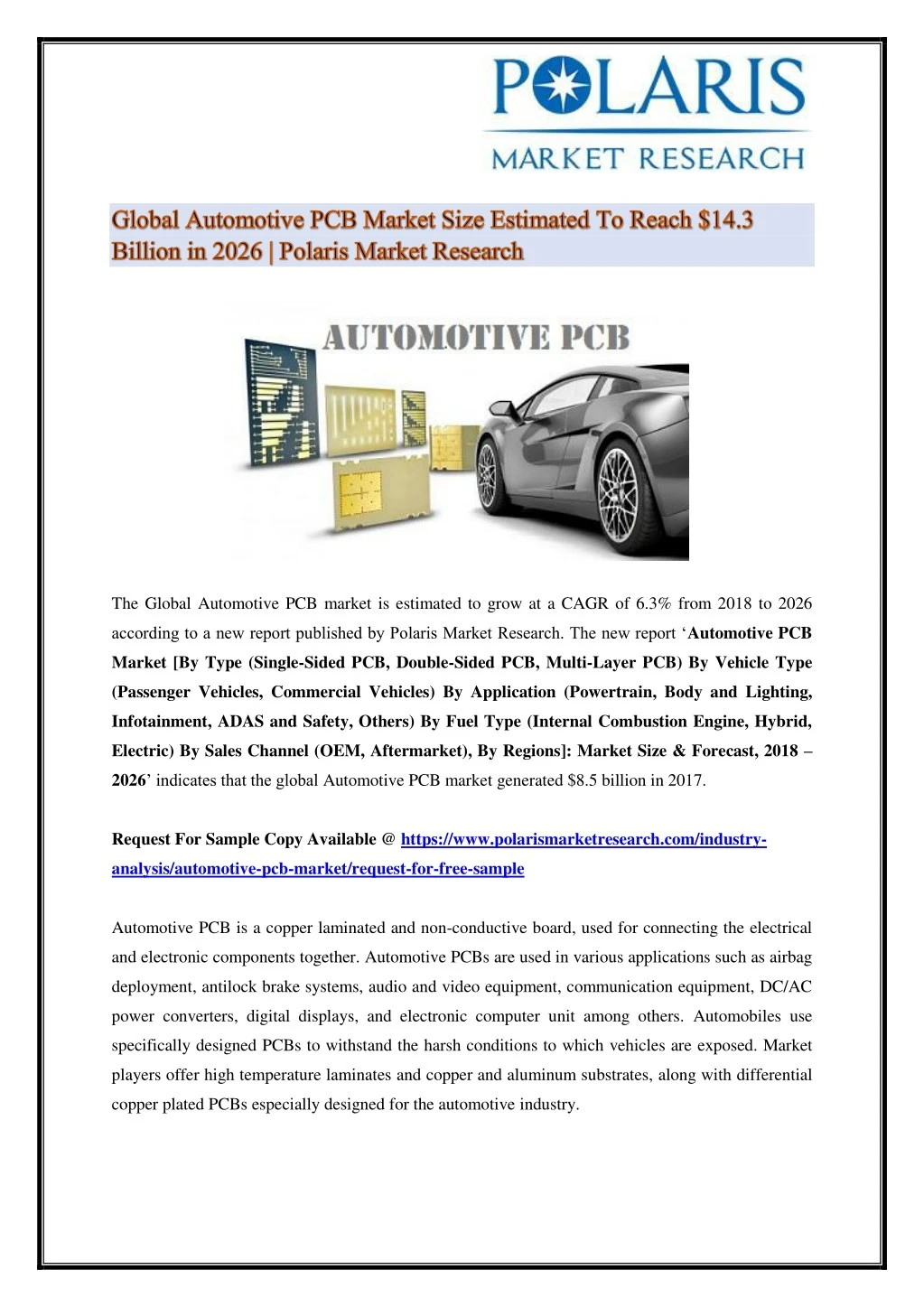 the global automotive pcb market is estimated
