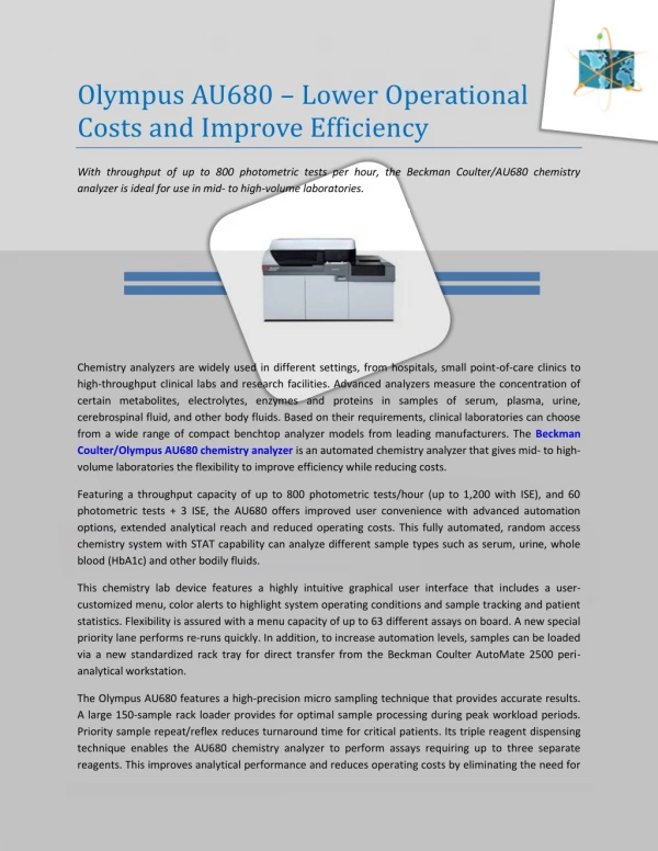 Olympus AU680 – Lower Operational Costs and Improve Efficiency
