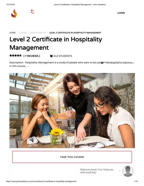 Level 2 Certificate in Hospitality Management - John Academy