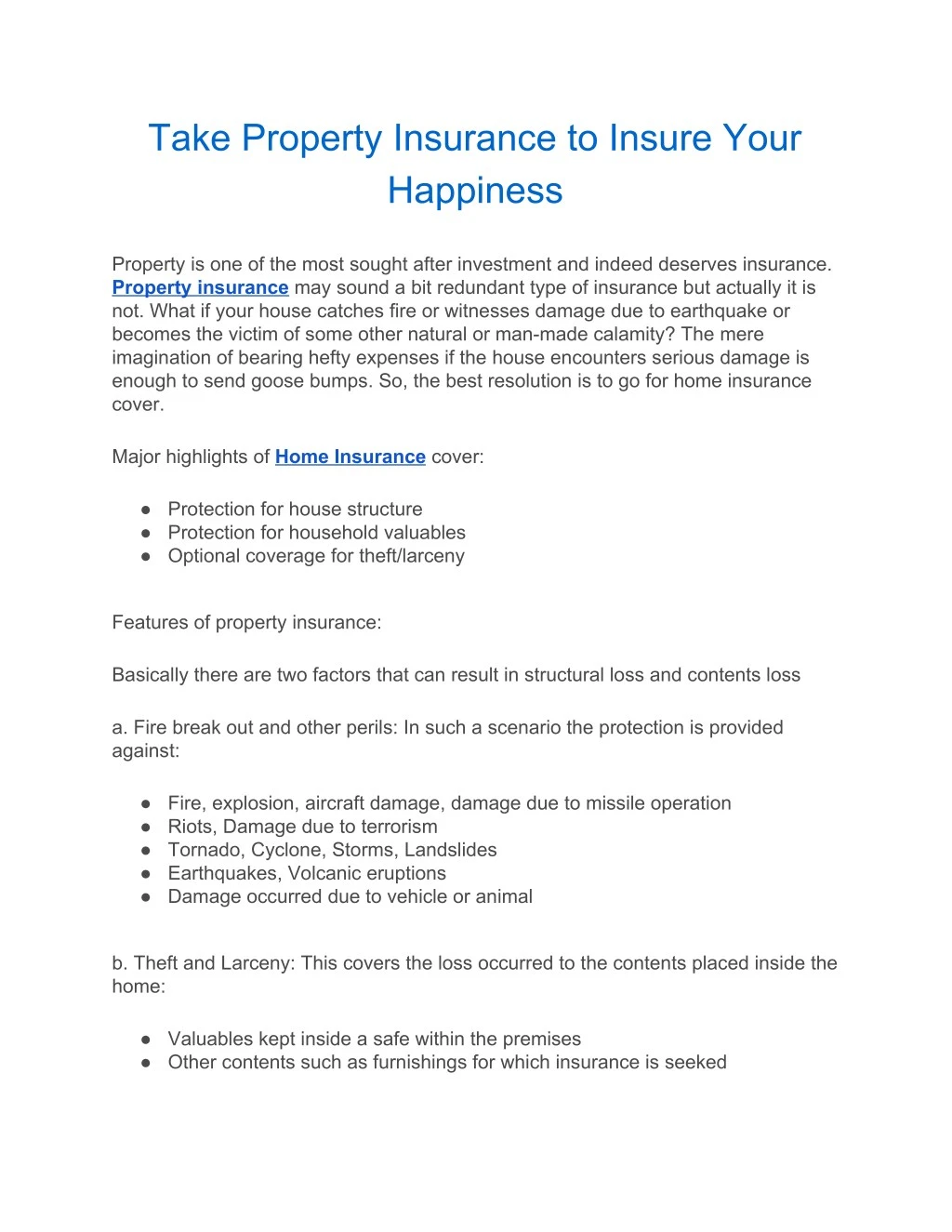 take property insurance to insure your happiness