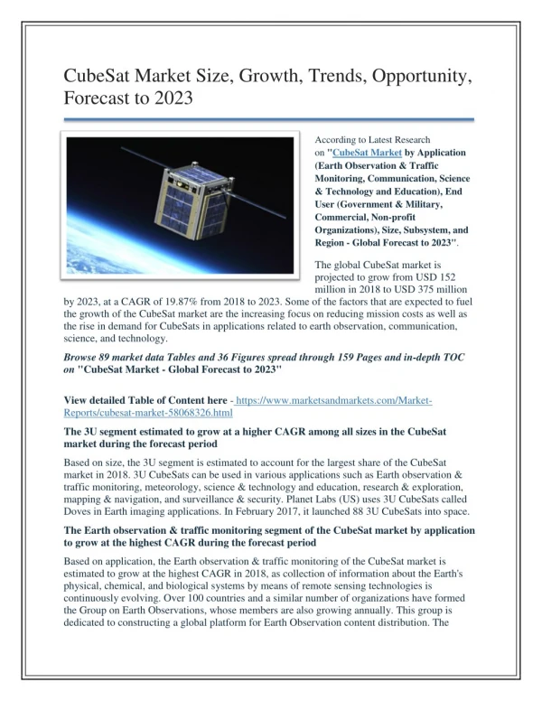 CubeSat Market Size, Growth, Trends, Opportunity, Forecast to 2023.