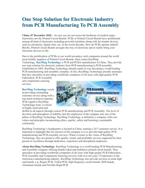 One Stop Solution for Electronic Industry from PCB Manufacturing To PCB Assembly