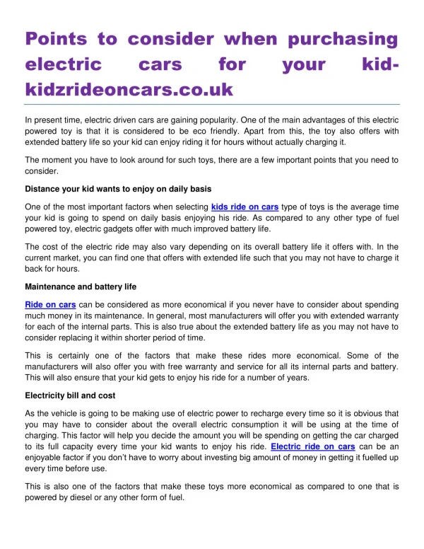Points to consider when purchasing electric cars for your kidkidzrideoncars.co.uk