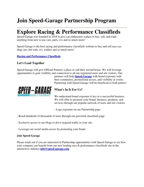 Racing and Performance Classifieds