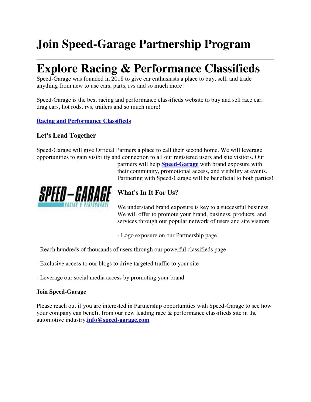 join speed garage partnership program
