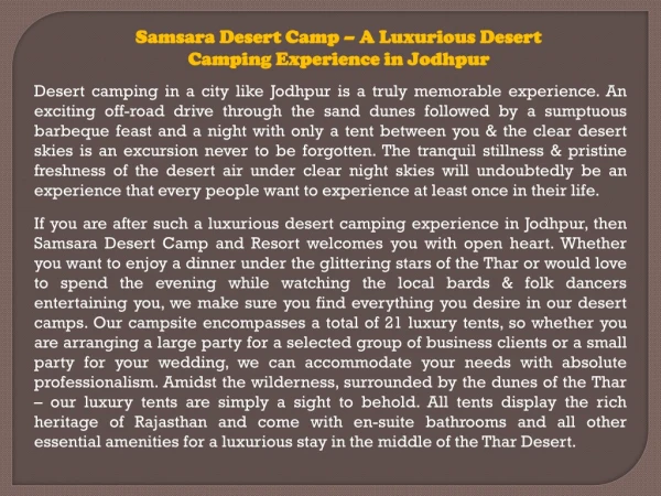 Samsara Desert Camp – A Luxurious Desert Camping Experience in Jodhpur