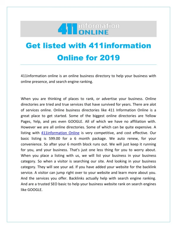 Get listed with 411information Online for 2019