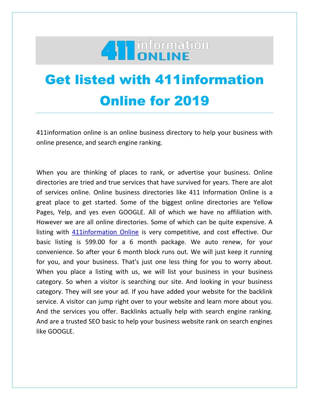 get listed with 411information online for 2019