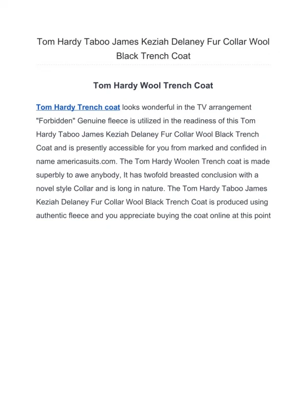 Tom Hardy Taboo James Keziah Delaney Fur Collar Wool Black Trench Coat