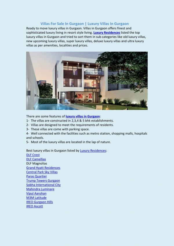 Top Luxury Villas In Gurgaon - Luxury Residences