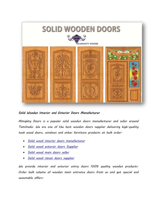 Solid Wooden Interior and Exterior Doors Manufacturer