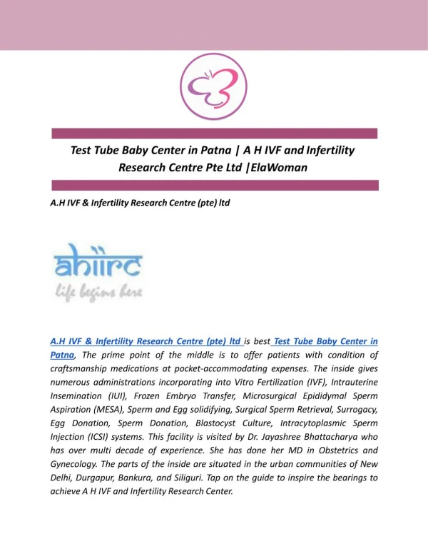 Test Tube Baby Center in Patna | A H IVF and Infertility Research Centre Pte Ltd |ElaWoman