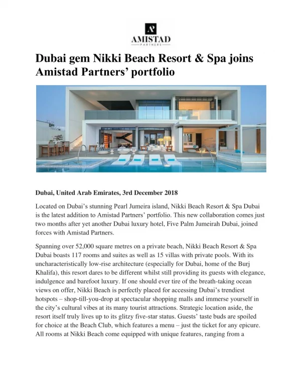 Dubai gem Nikki Beach Resort & Spa joins Amistad Partners’ portfolio
