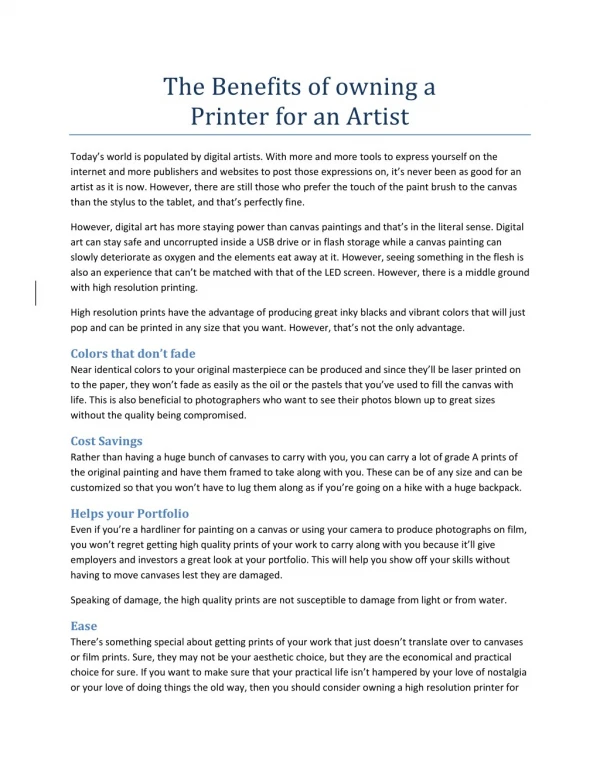 The Benefits of owning a Printer for an Artist by Printer Repair NJ