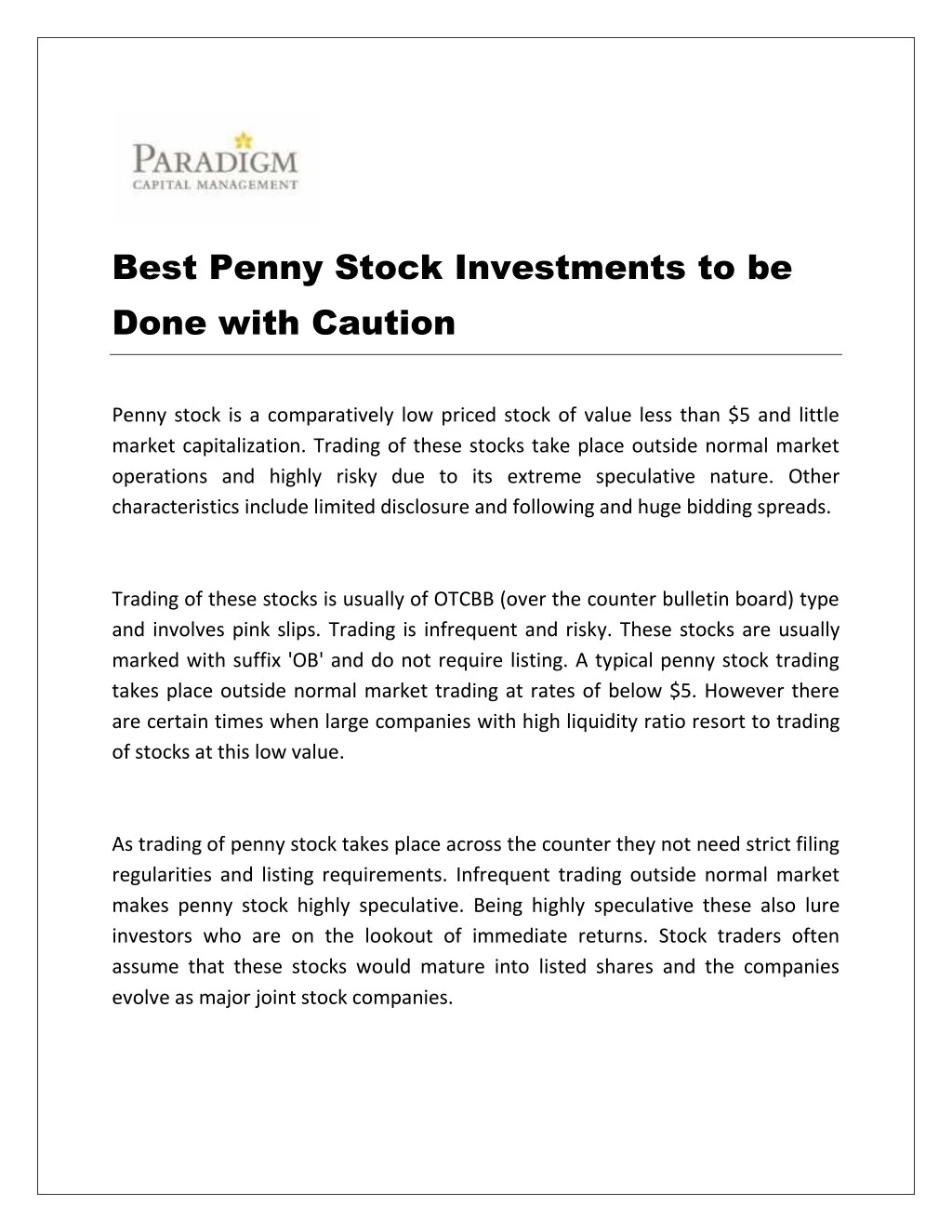 best penny stock investments to be done with