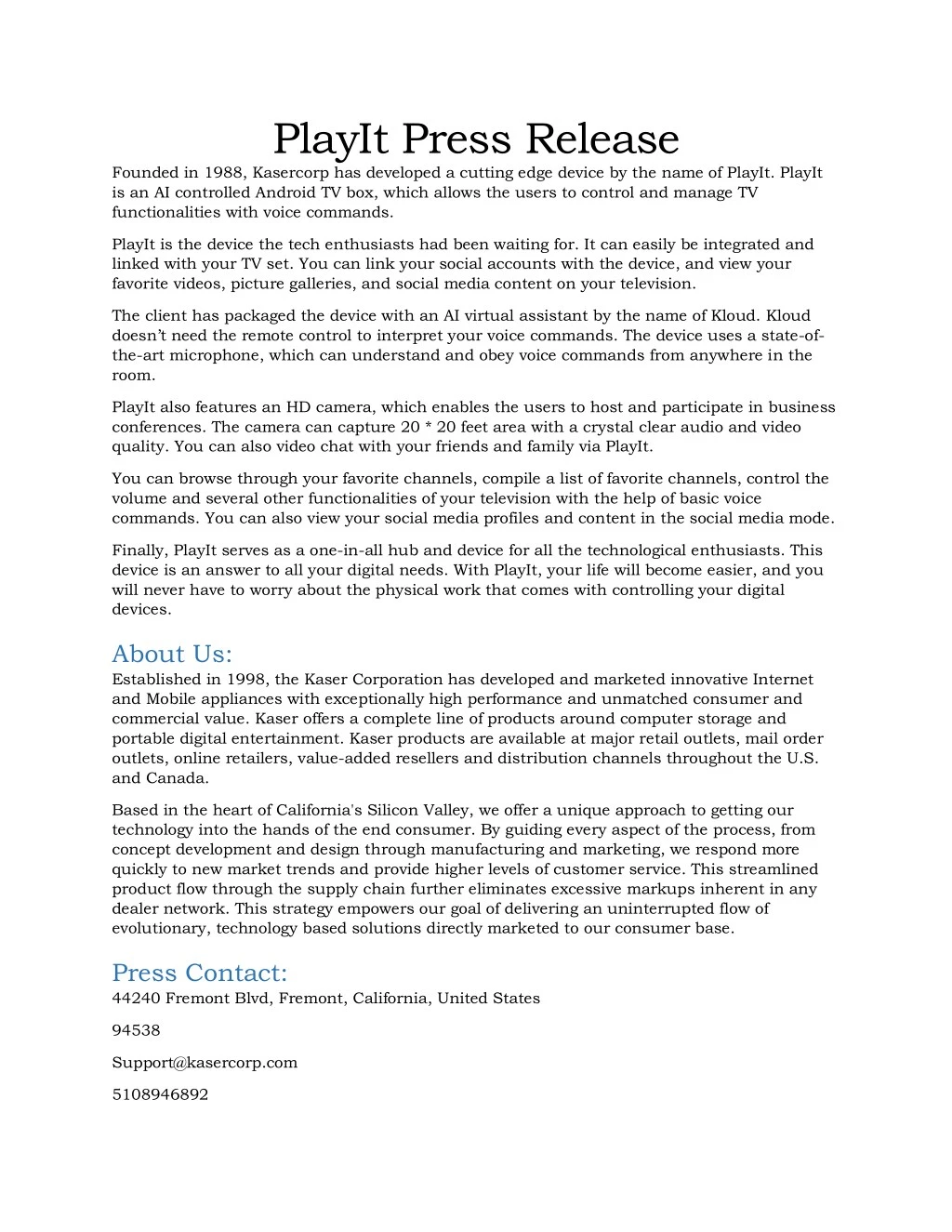 playit press release founded in 1988 kasercorp