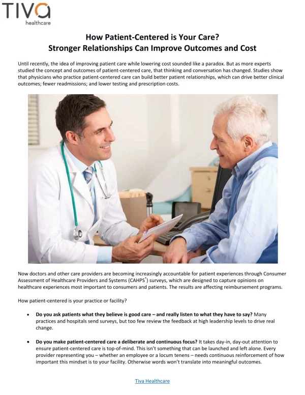 How Patient-Centered is Your Care? Stronger Relationships Can Improve Outcomes and Cost