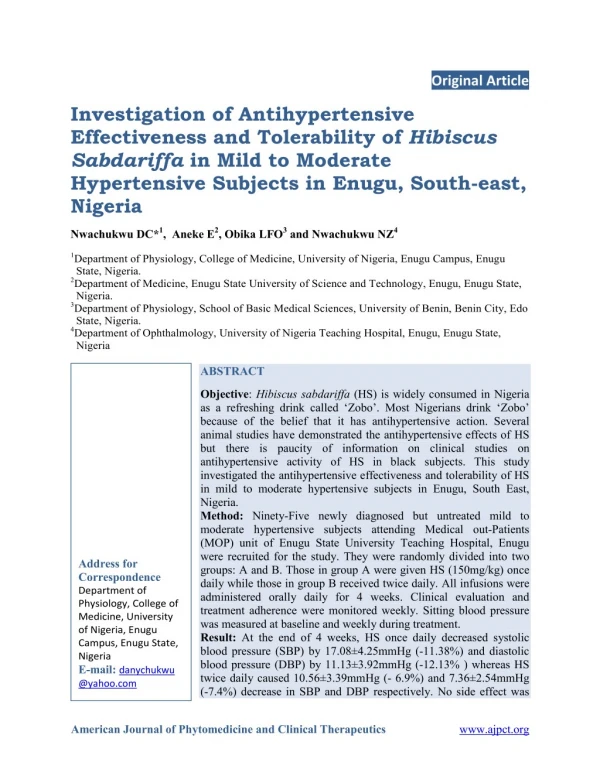 Investigation of Antihypertensive Effectiveness and Tolerability of Hibiscus Sabdariffa in Mild to Moderate Hypertensive