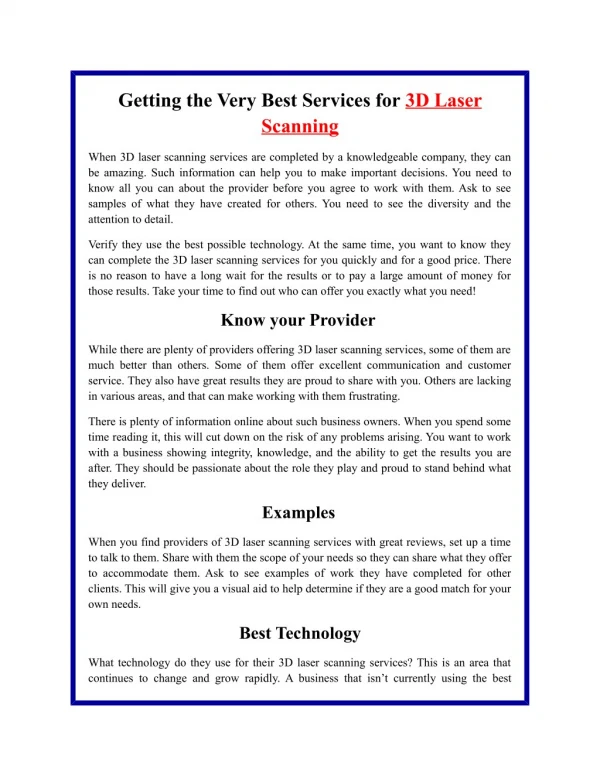 Getting the Very Best Services for 3D Laser Scanning