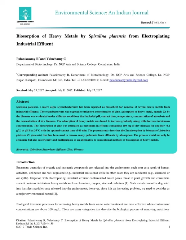 Biosorption of Heavy Metals by Spirulina platensis from Electroplating Industrial Effluent