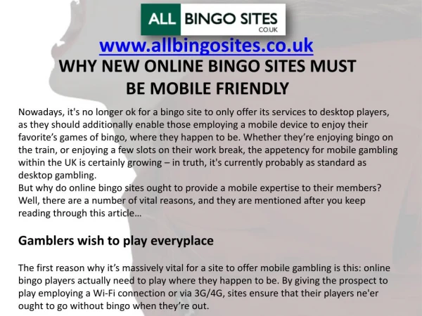 WHY NEW ONLINE BINGO SITES MUST BE MOBILE FRIENDLY