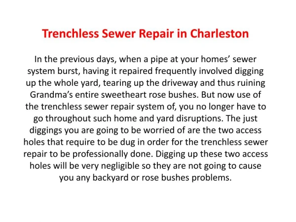 Trenchless Sewer Repair | Call Now 843-300-1505