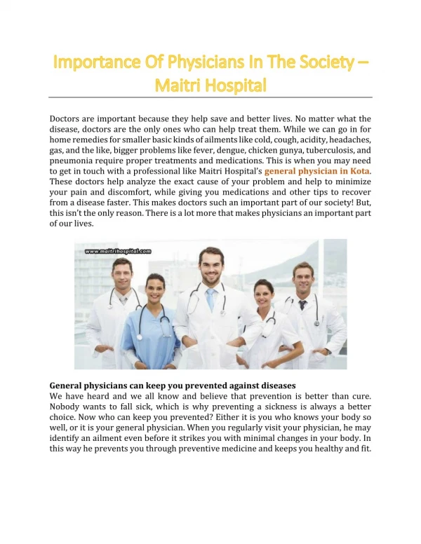 Importance Of Physicians In The Society - Maitri Hospital