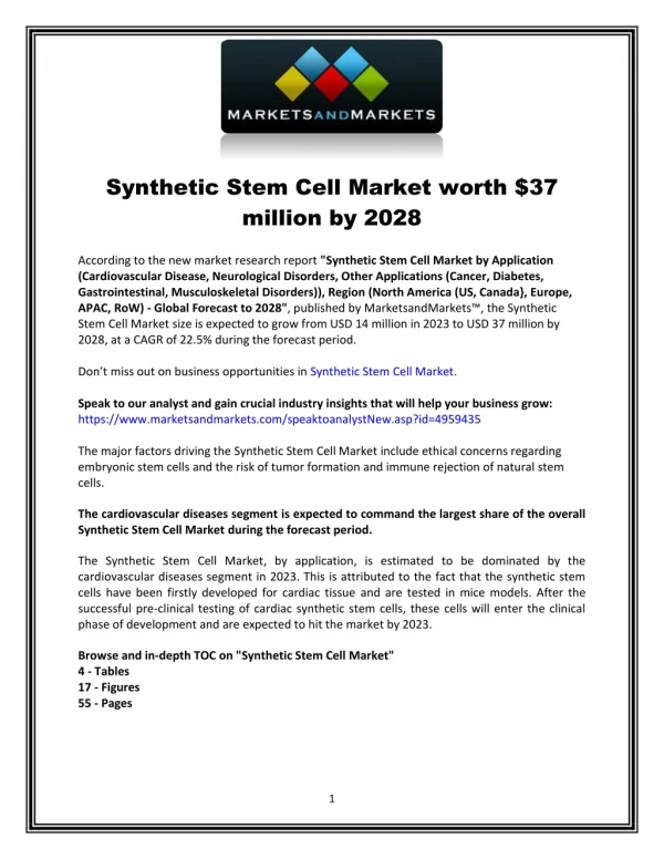 Synthetic Stem Cells Market