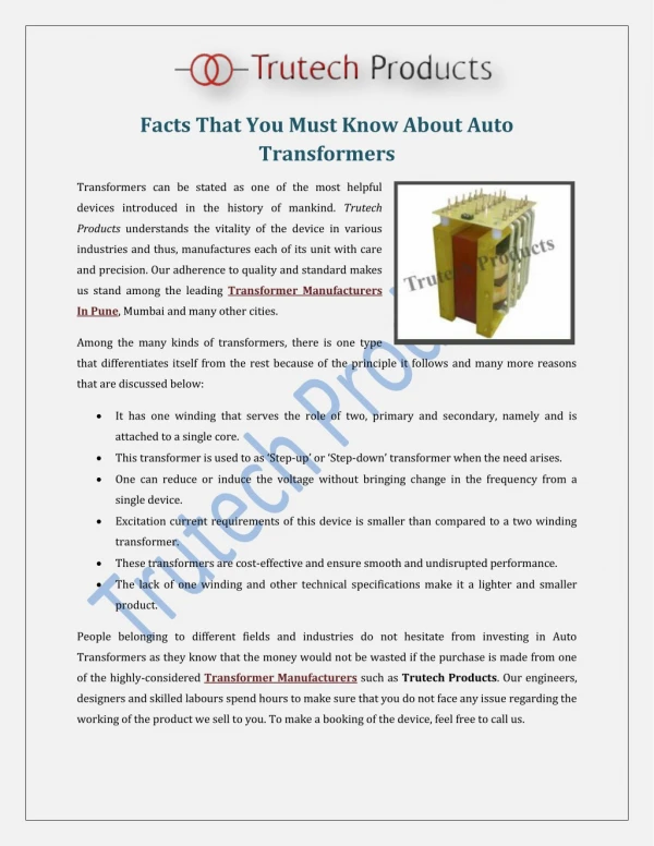 Facts That You Must Know About Auto Transformers