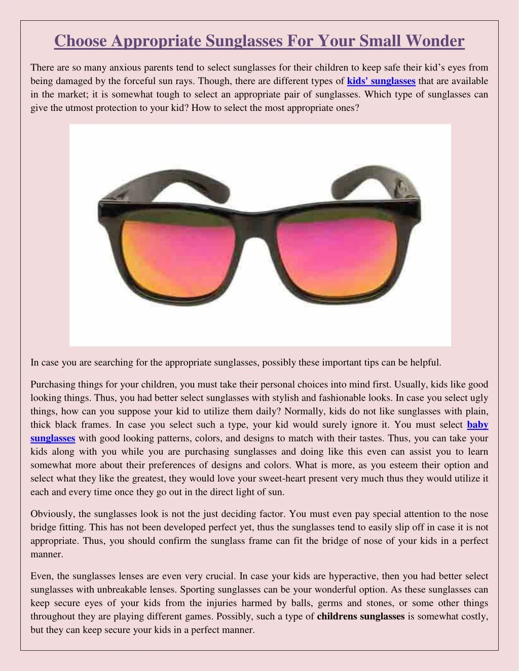 choose appropriate sunglasses for your small