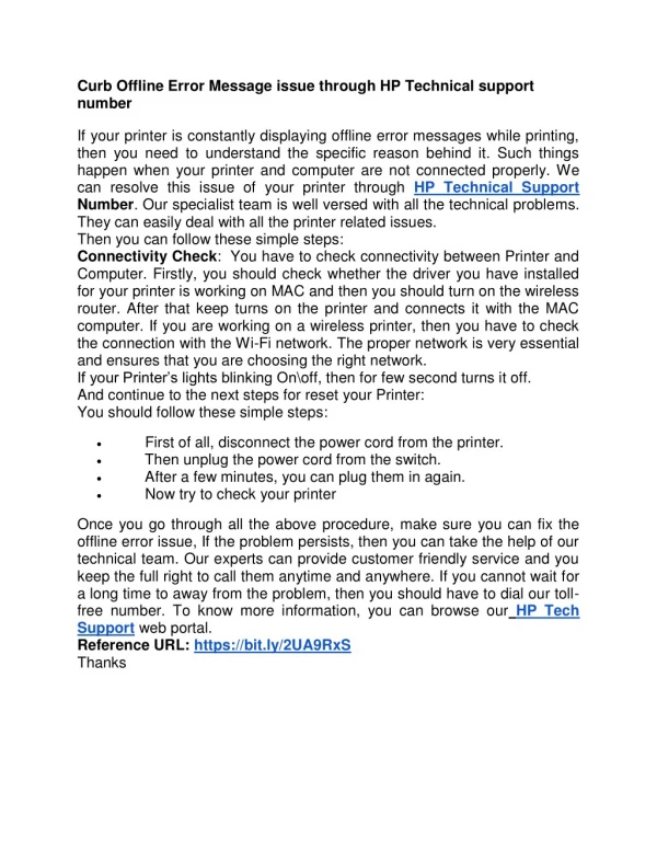 Curb Offline Error Message issue through HP Technical support number