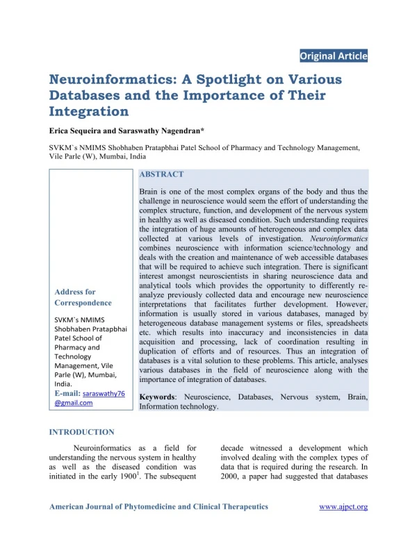 Neuroinformatics: A Spotlight on Various Databases and the Importance of Their Integration