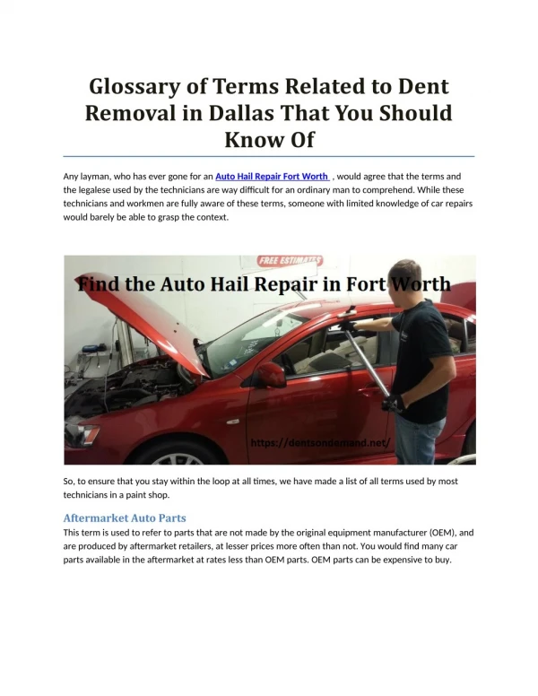 Glossary of Terms Related to Dent Removal in Dallas That You Should Know Of