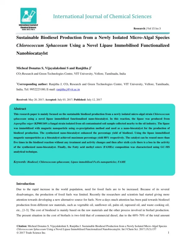 Sustainable Biodiesel Production from a Newly Isolated Micro-Algal Species Chlorococcum Sphacosum Using a Novel Lipase I