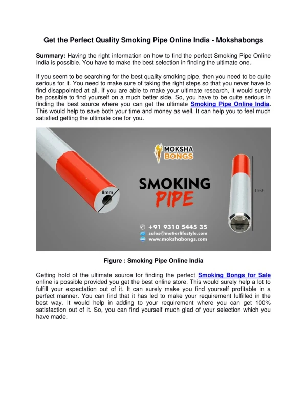 Get the Perfect Quality Smoking Pipe Online India - Mokshabongs