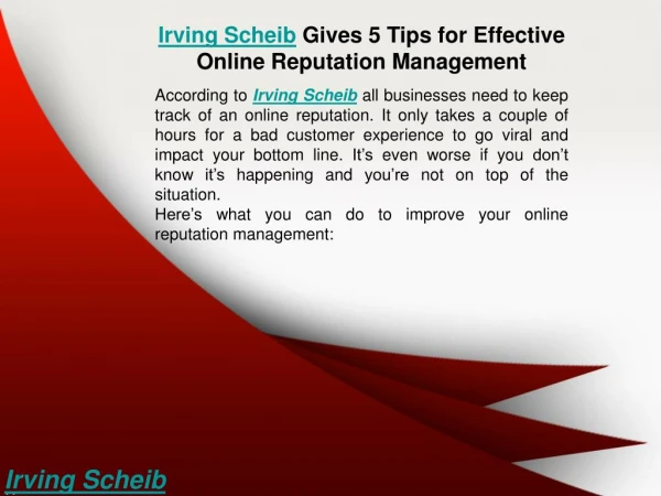 Irving Scheib Gives 5 Tips for Effective Online Reputation Management