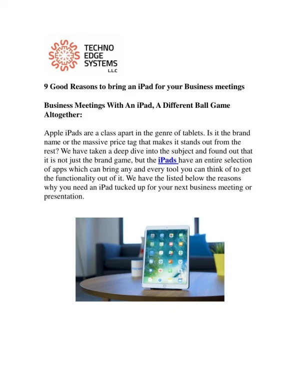 9 Good Reasons to bring an iPad for your Business meetings