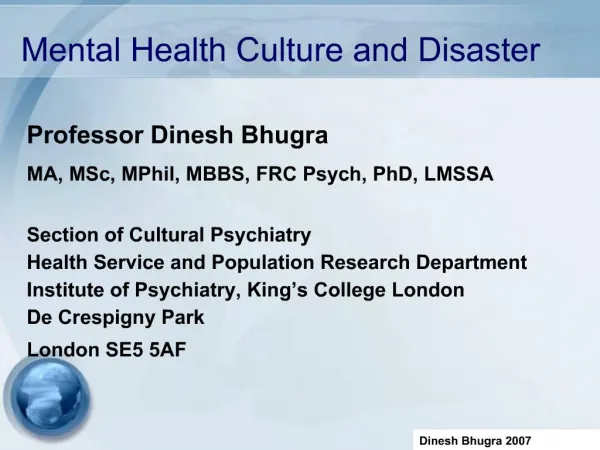 Mental Health Culture and Disaster
