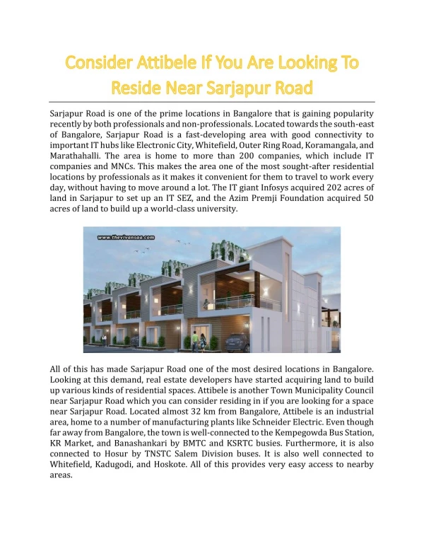 Consider Attibele If You Are Looking To Reside Near Sarjapur Road - The Vivansaa