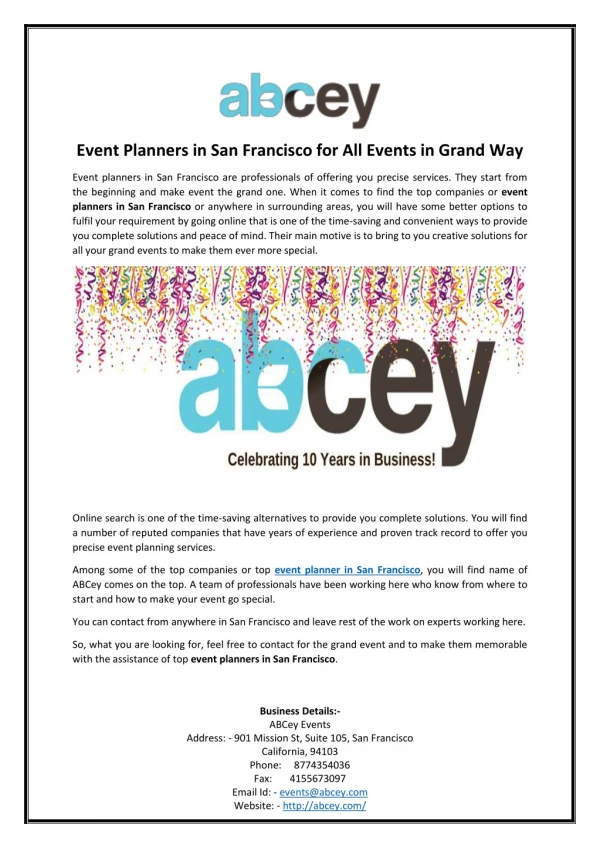 Event Planners in San Francisco for All Events in Grand Way