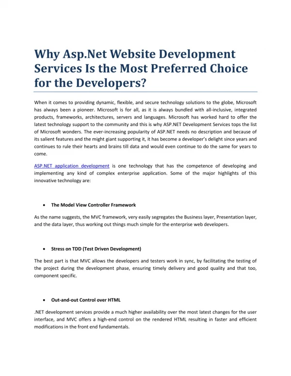 Why Asp.Net Website Development Services Is the Most Preferred Choice for the Developers?