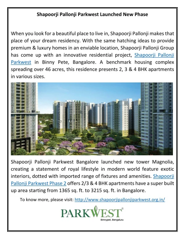 Shapoorji Pallonji Parkwest A Luxury Residency