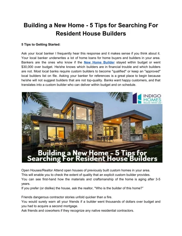 Building a New Home - 5 Tips for Searching For Resident House Builders