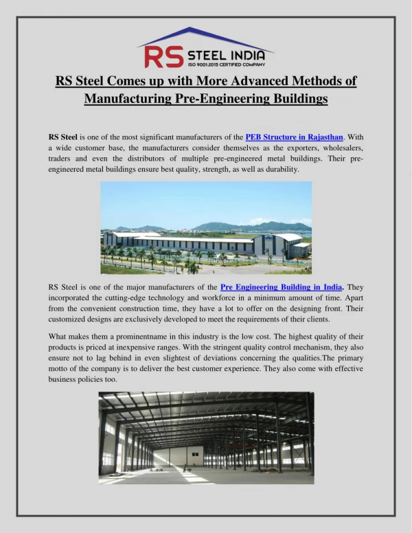 RS Steel Comes up with More Advanced Methods of Manufacturing Pre-Engineering Buildings
