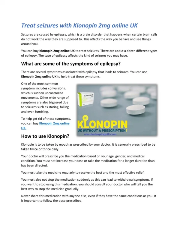 Treat seizures with Klonopin 2mg online UK