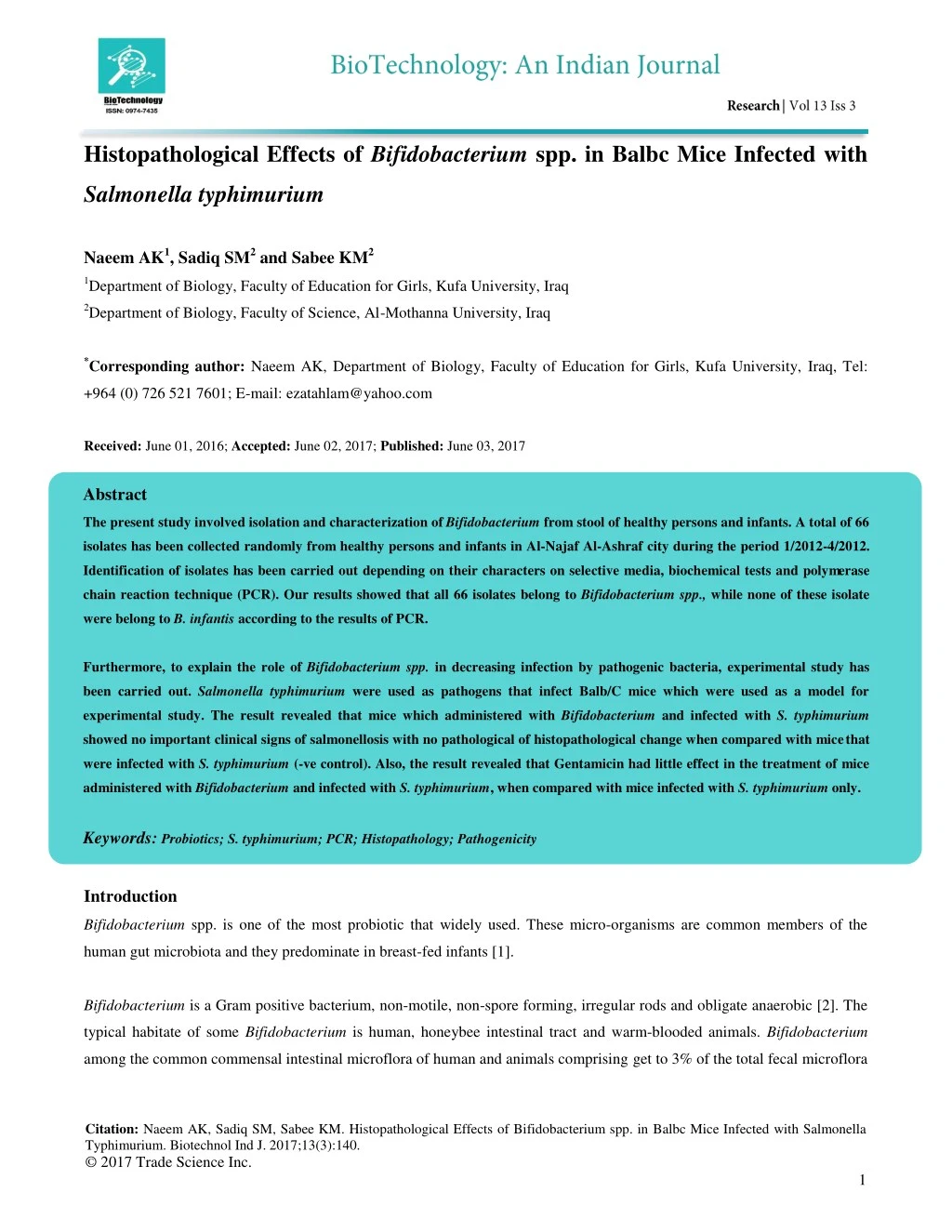 histopathological effects of bifidobacterium